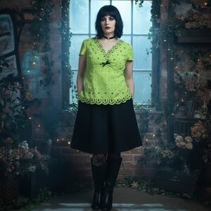 Vtg Silk Babydoll Top Women Sz 1X 16 Y2K Green Black Polka Dot Whimsigoth Fairy